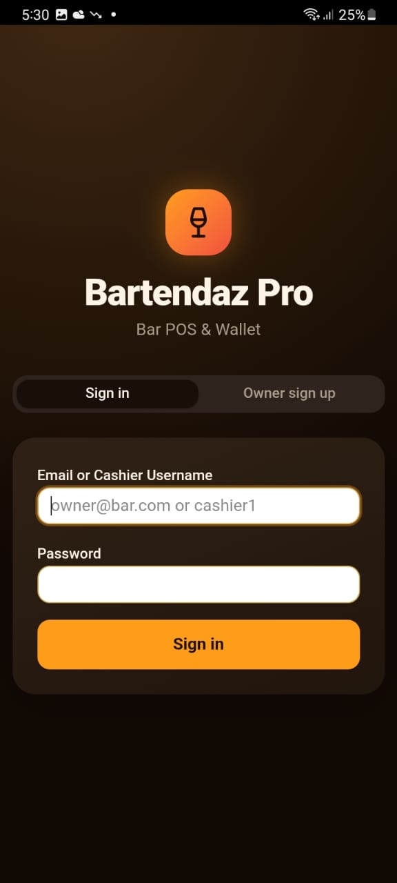 Bartendaz Pro login screen